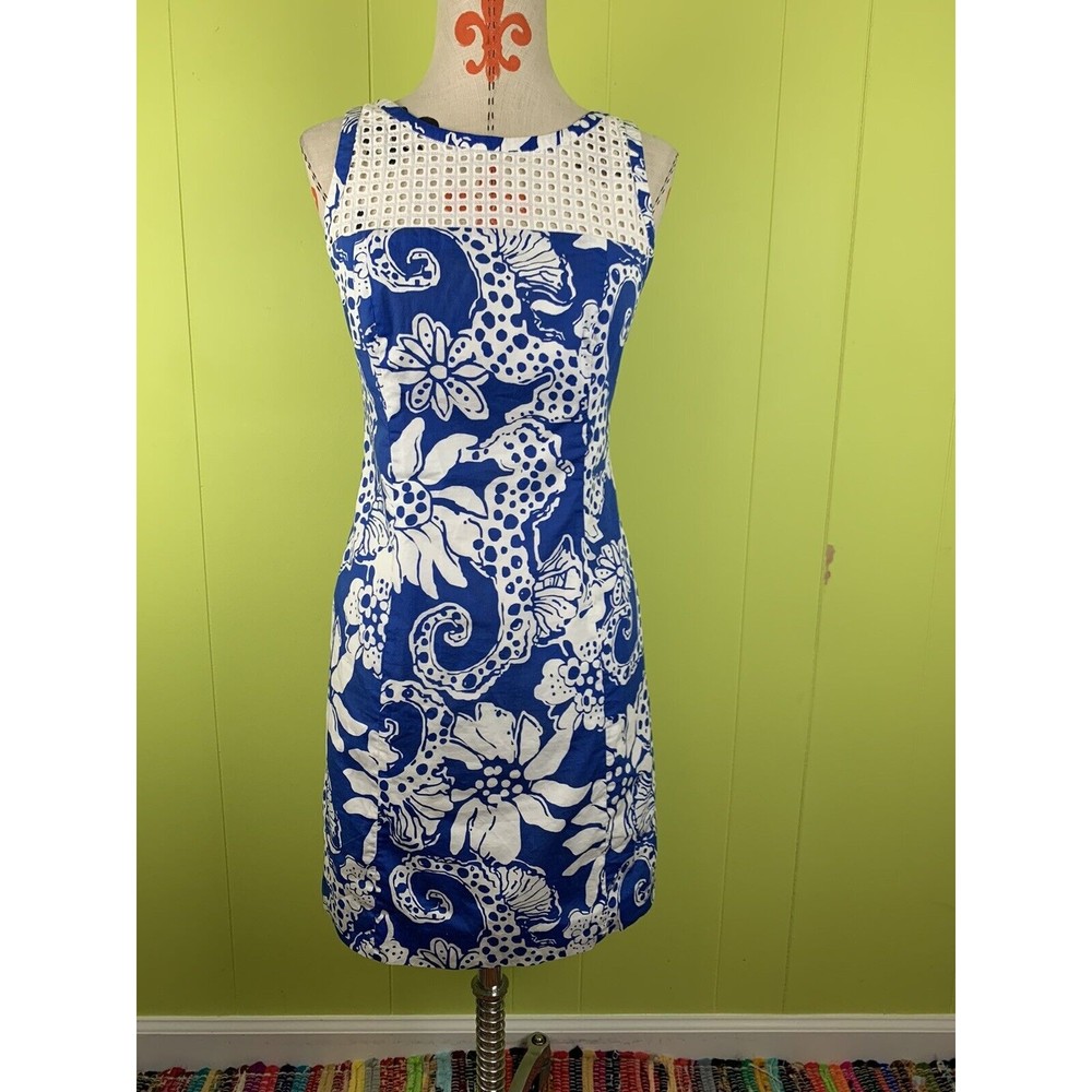 Lilly Pulitzer Marianne Shift Floral Women's Dress Size 2 Eyelet Lace Blue White